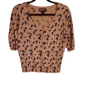 Pink Button Down Light Cardigan Sweater w Black Bowtie Print Sz XL